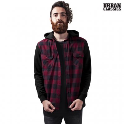 Urban Classics Flanell Hoodie - Burgandy/Black